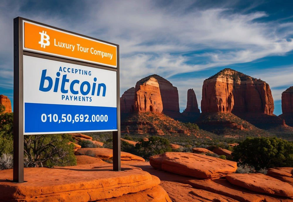 A luxury tour company office with a sign accepting Bitcoin payments, surrounded by the red rock formations of Sedona, Arizona