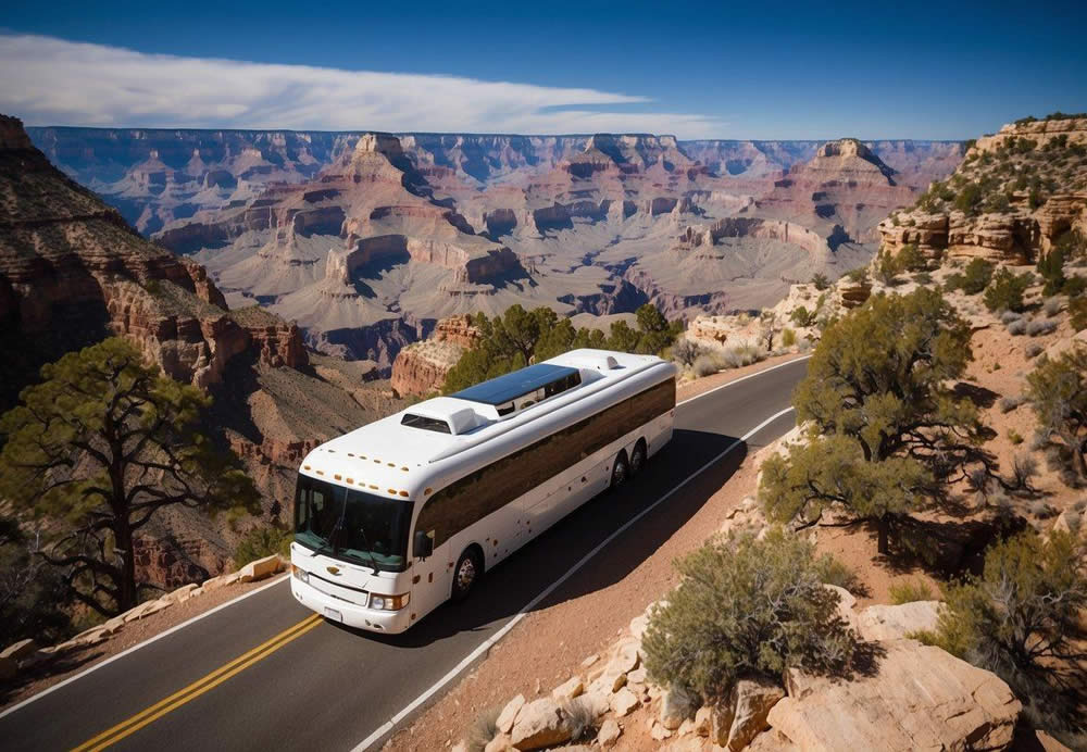 A luxury tour bus winds along the South Rim of the Grand Canyon, with stunning panoramic views and visitors enjoying various activities and attractions
