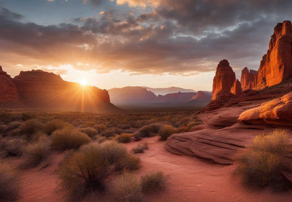 A desert landscape with mountains and bushes