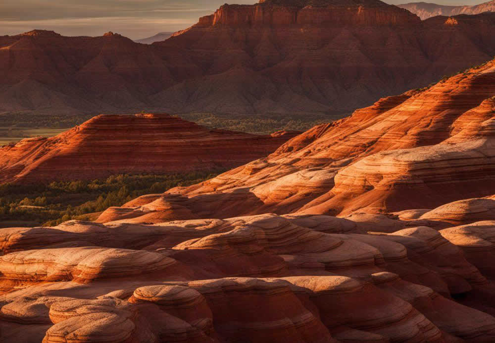A large red canyon with hills and trees with medium confidence