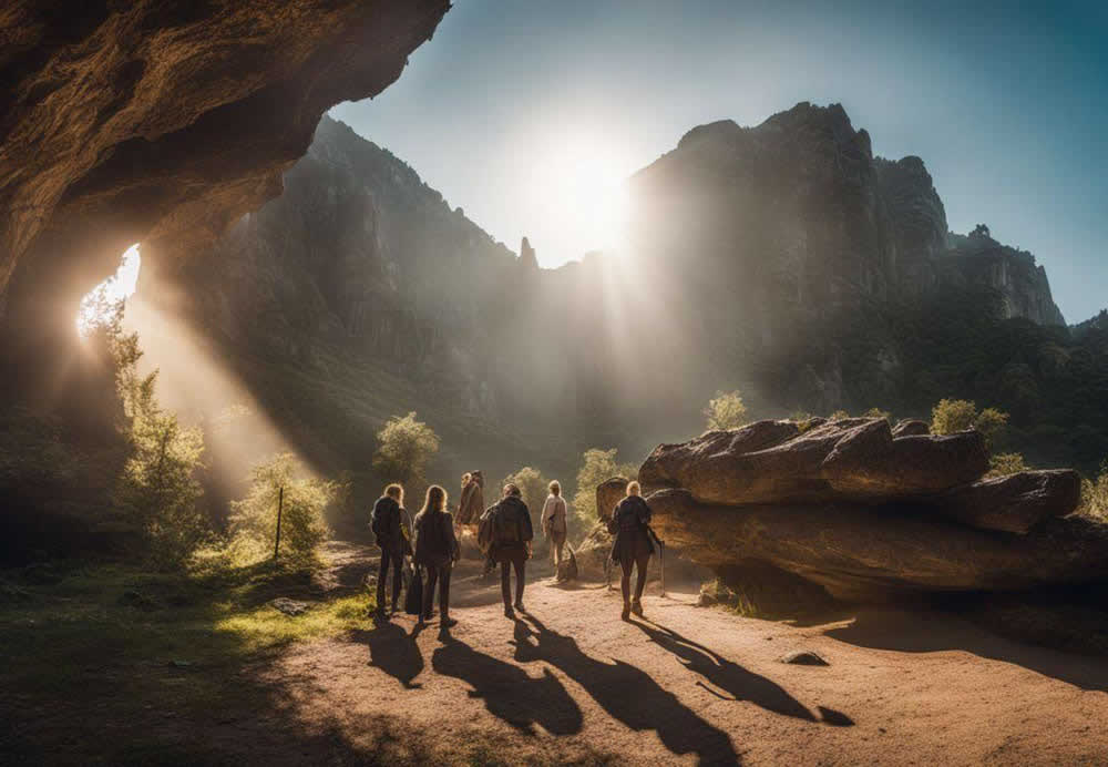 A group of people walking in a cave