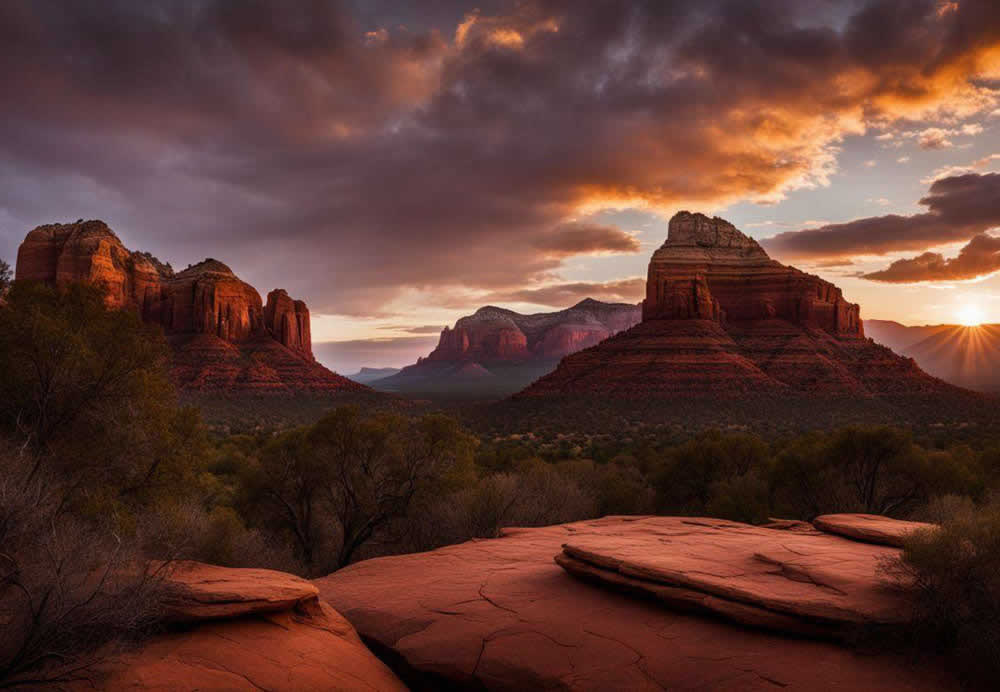 A landscape of a valley with mountains and trees