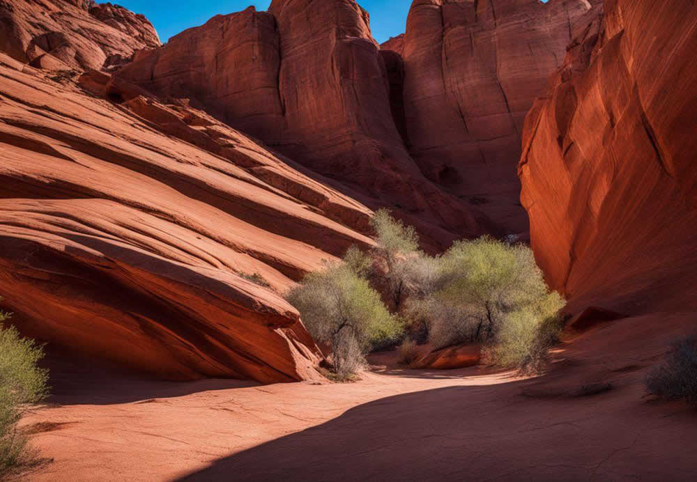 A red rock canyon with bushes with medium confidence