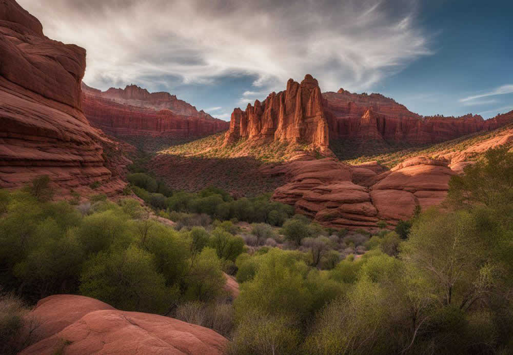 A landscape with red rocks and trees