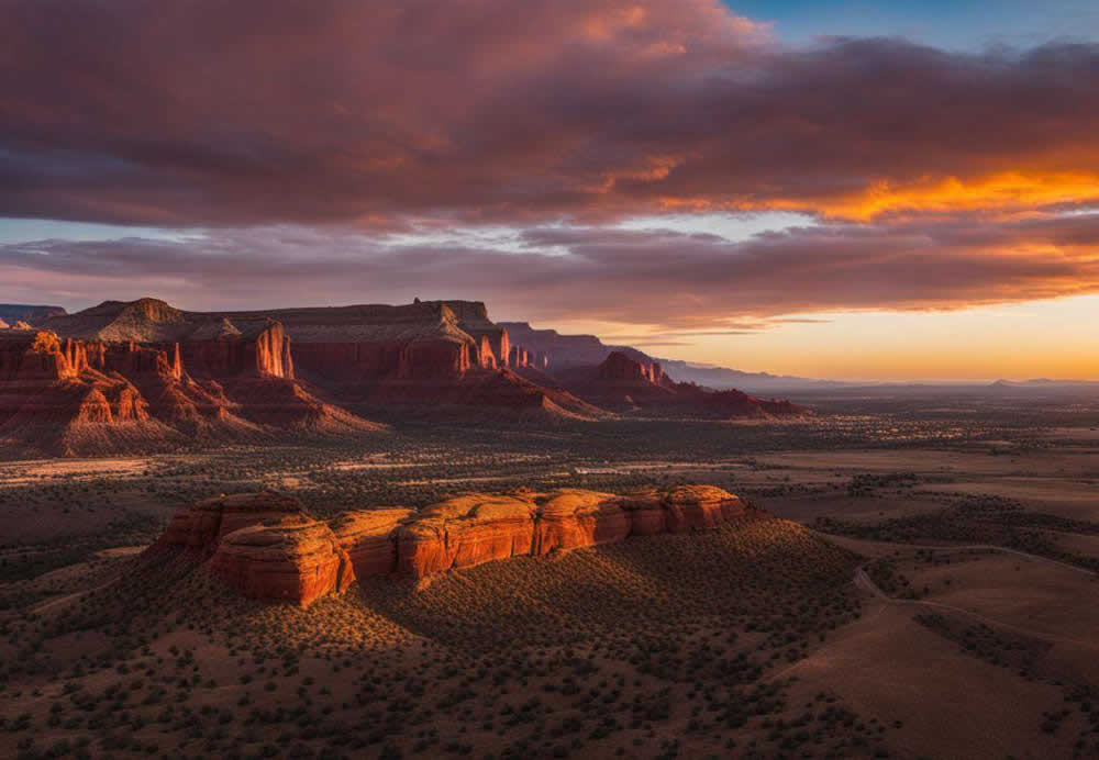 A landscape with red cliffs and a sunset with medium confidence